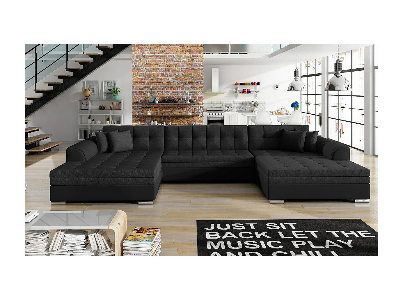 Canapé d'angle panoramique 5 places RIMA convertible en simili et tissu - Noir