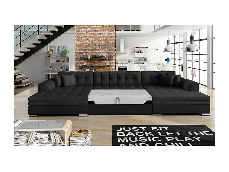 Canapé d'angle panoramique 5 places RIMA convertible en simili et tissu - Noir