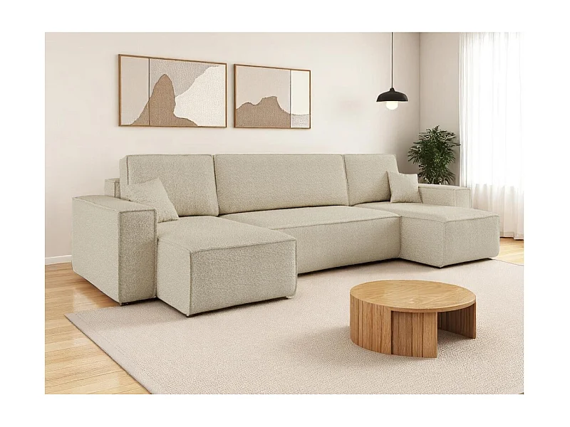 Canapé d'angle FARAH panoramique convertible 6 places en tissu bouclette - Beige