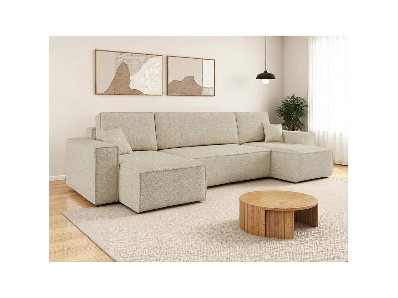 Canapé d'angle FARAH panoramique convertible 6 places en tissu bouclette - Beige