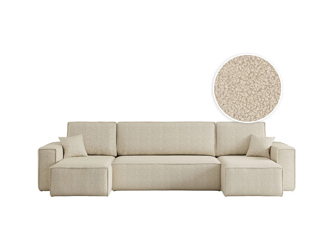 Canapé d'angle FARAH panoramique convertible 6 places en tissu bouclette - Beige