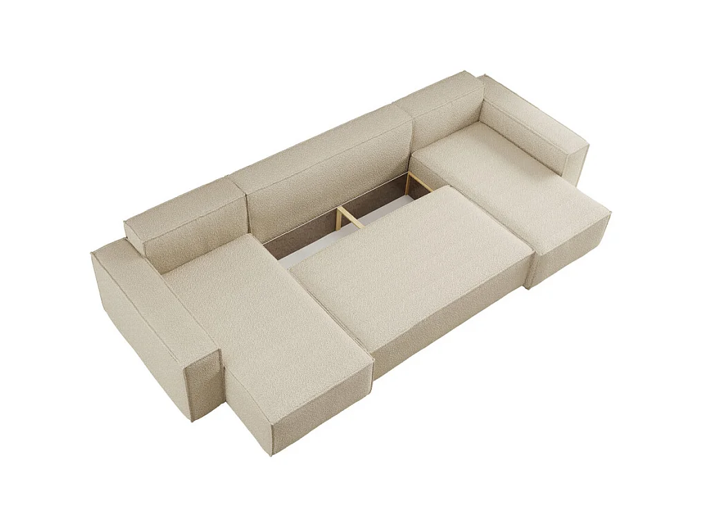 Canapé d'angle FARAH panoramique convertible 6 places en tissu bouclette - Beige