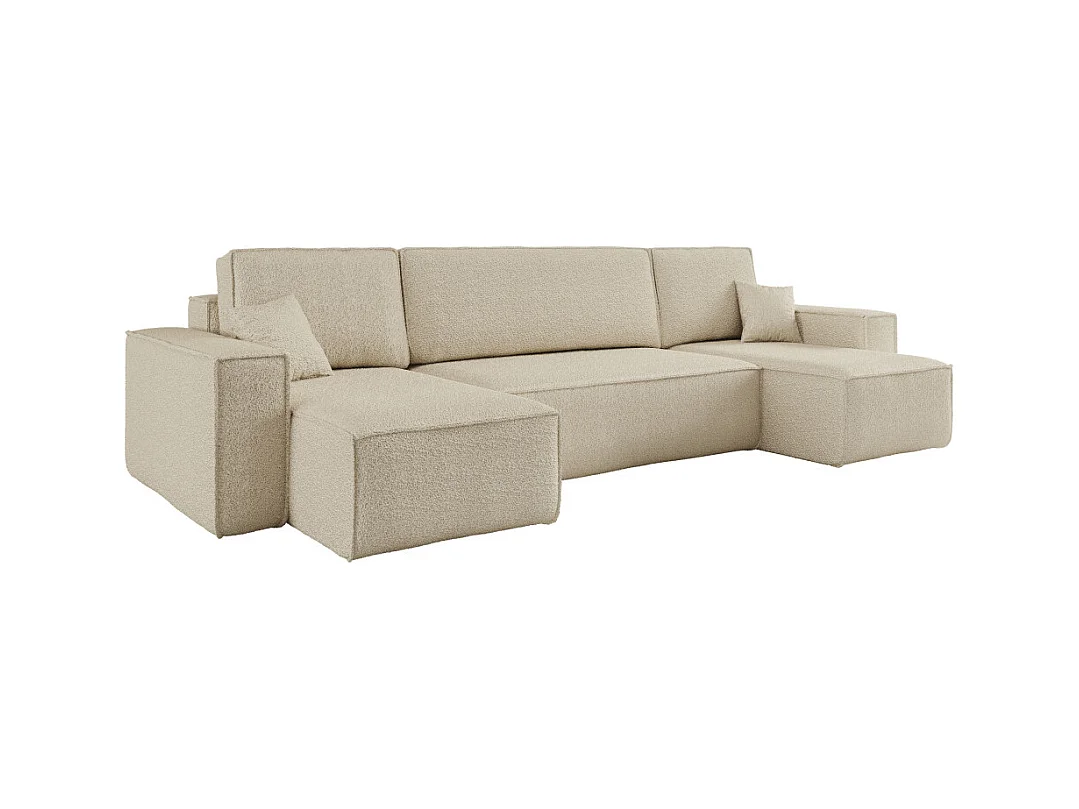 Canapé d'angle FARAH panoramique convertible 6 places en tissu bouclette - Beige