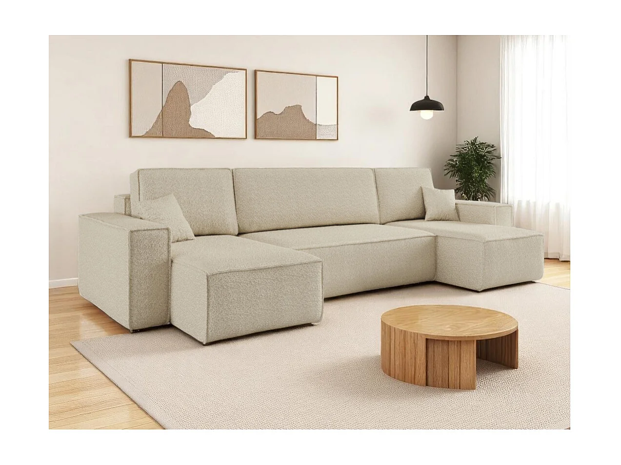 Canapé d'angle FARAH panoramique convertible 6 places en tissu bouclette - Beige