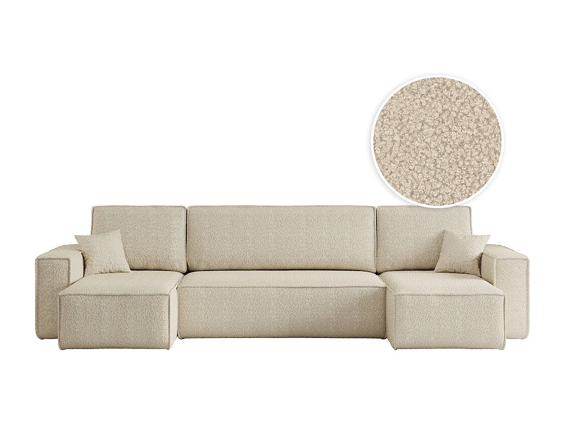 Canapé d'angle FARAH panoramique convertible 6 places en tissu bouclette - Beige