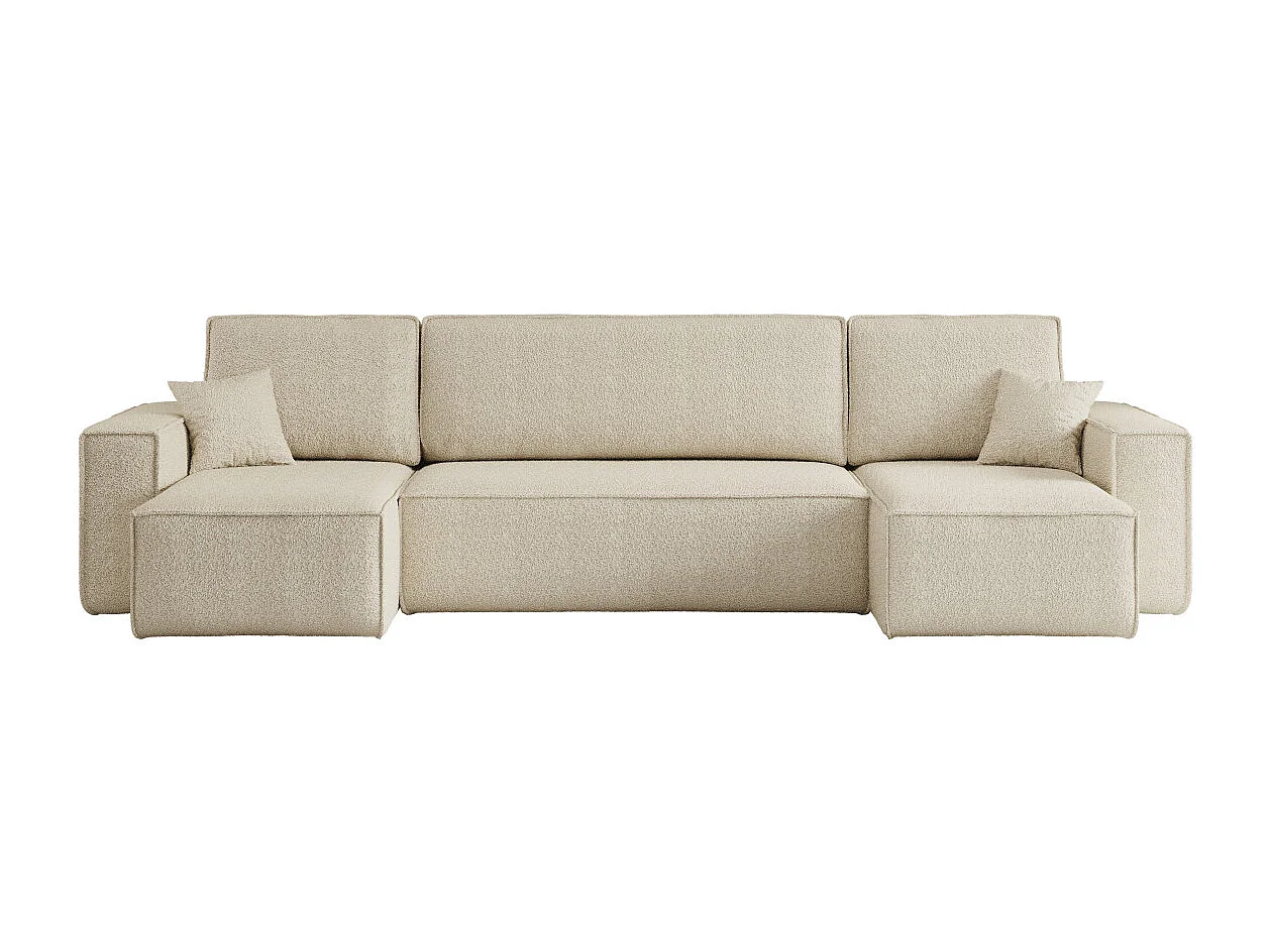 Canapé d'angle FARAH panoramique convertible 6 places en tissu bouclette - Beige