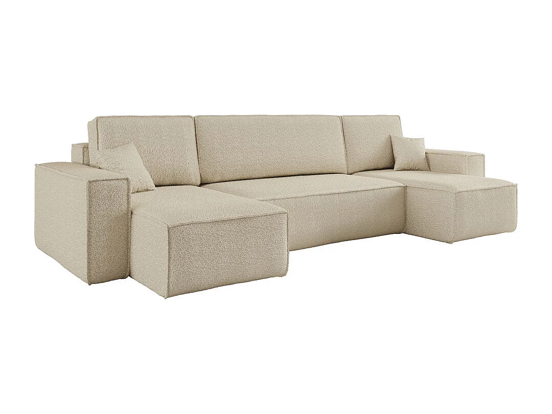 Canapé d'angle FARAH panoramique convertible 6 places en tissu bouclette - Beige