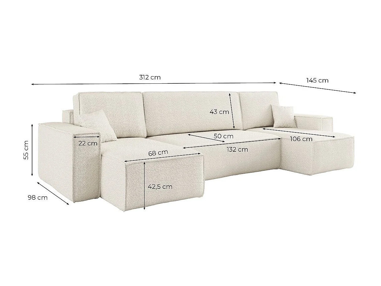 Canapé d'angle FARAH panoramique convertible 6 places en tissu bouclette - Beige