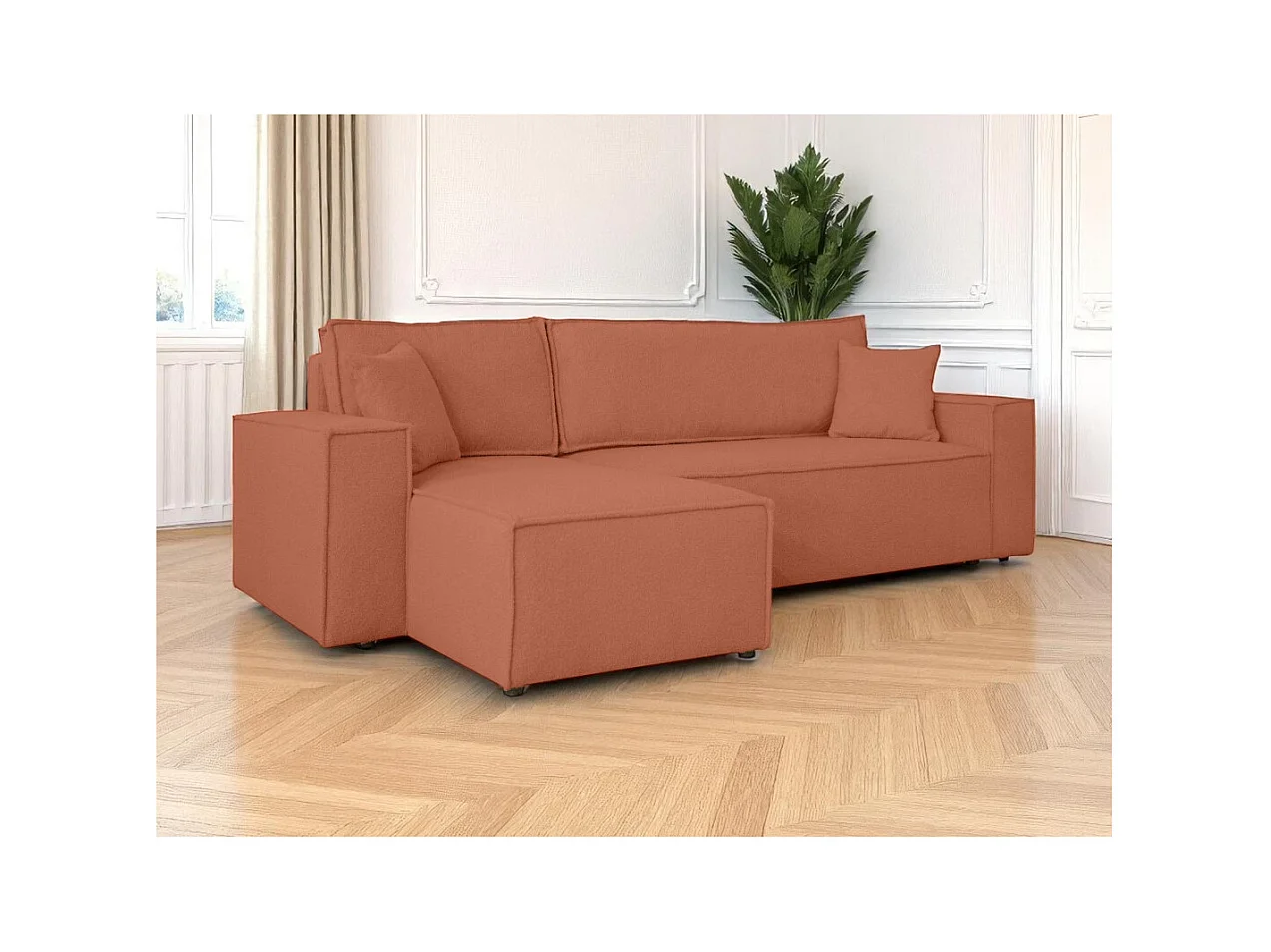Canapé FARAH d'angle réversible et convertible 4 places en tissu bouclette - Terracotta