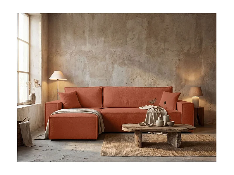 Canapé FARAH d'angle réversible et convertible 4 places en tissu bouclette - Terracotta