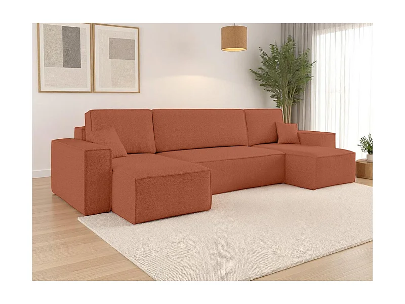Canapé d'angle FARAH panoramique convertible 6 places en tissu bouclette - Terracotta