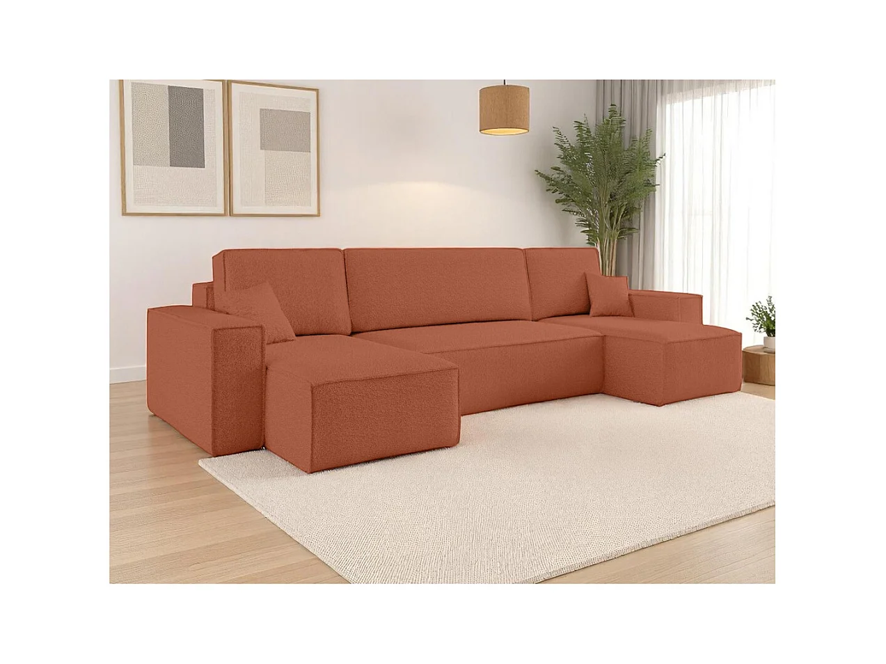 Canapé d'angle FARAH panoramique convertible 6 places en tissu bouclette - Terracotta