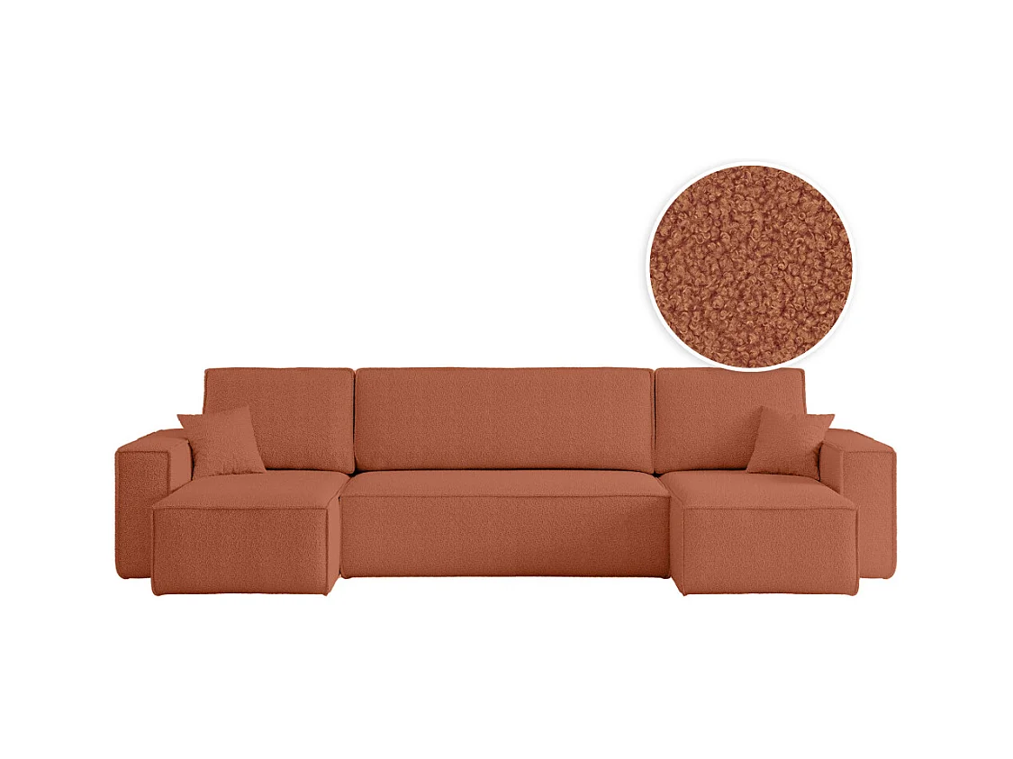 Canapé d'angle FARAH panoramique convertible 6 places en tissu bouclette - Terracotta
