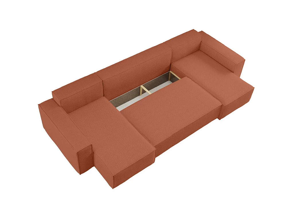 Canapé d'angle FARAH panoramique convertible 6 places en tissu bouclette - Terracotta