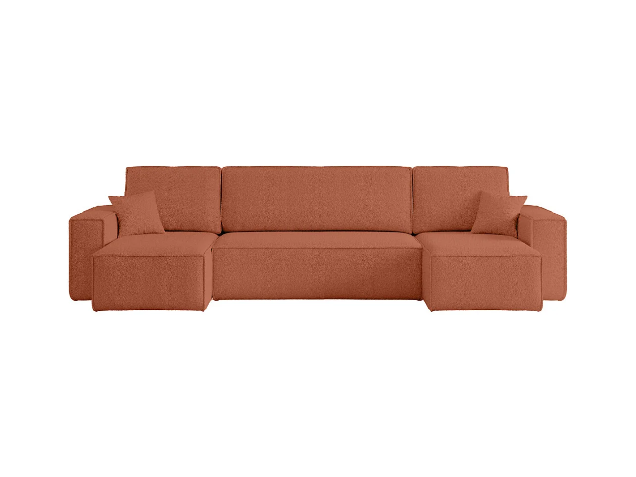Canapé d'angle FARAH panoramique convertible 6 places en tissu bouclette - Terracotta