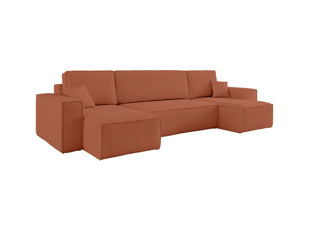 Canapé d'angle FARAH panoramique convertible 6 places en tissu bouclette - Terracotta