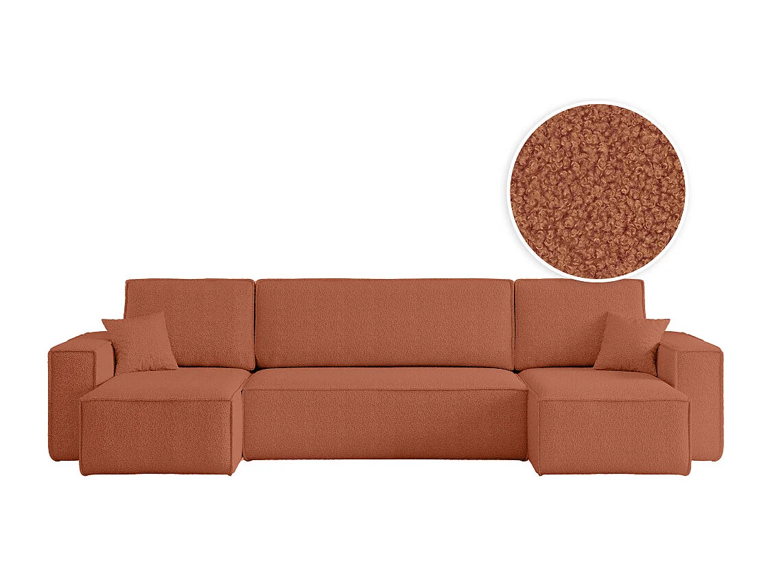 Canapé d'angle FARAH panoramique convertible 6 places en tissu bouclette - Terracotta