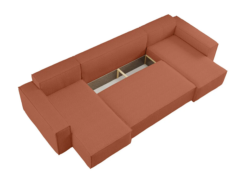 Canapé d'angle FARAH panoramique convertible 6 places en tissu bouclette - Terracotta