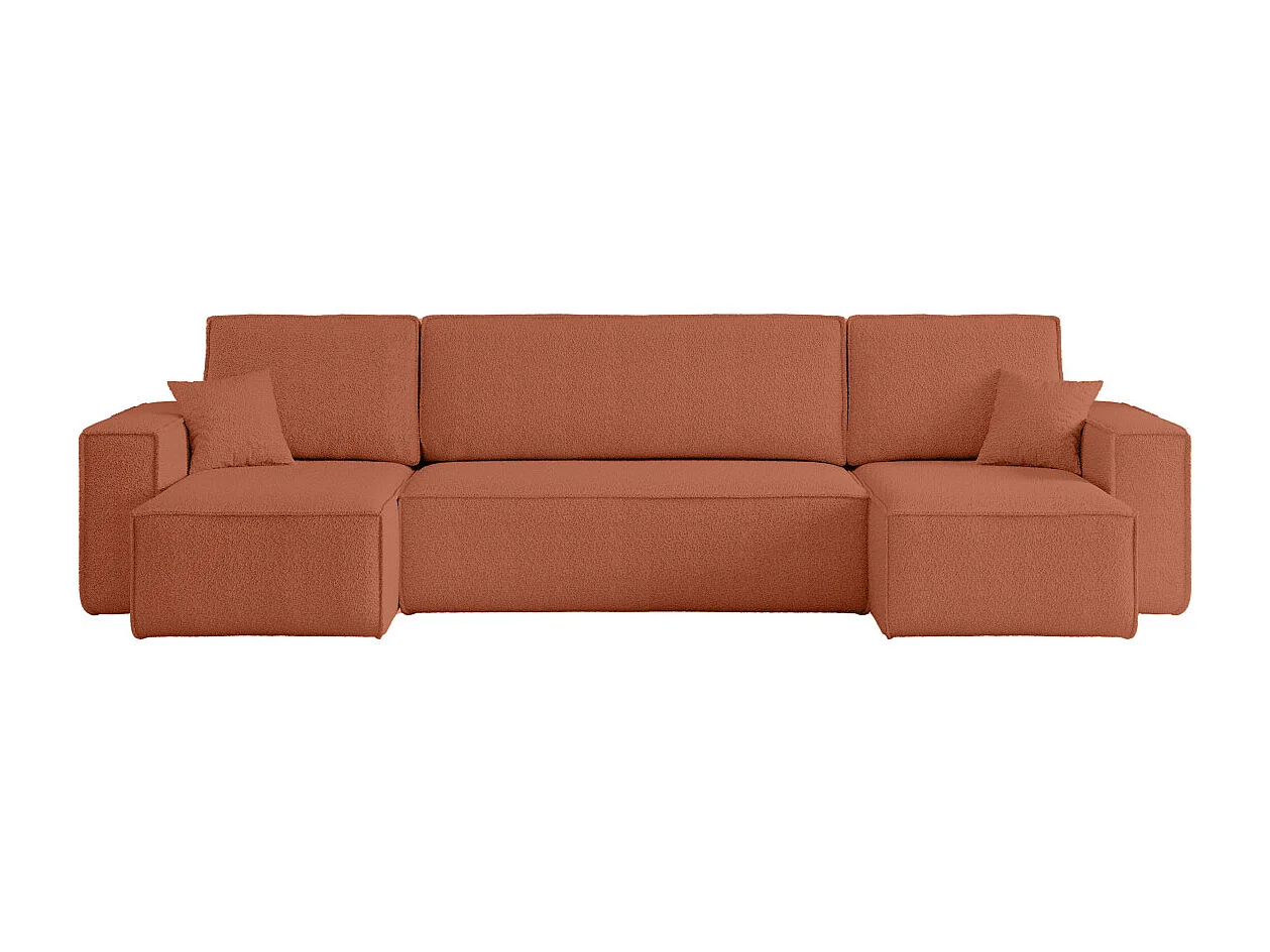 Canapé d'angle FARAH panoramique convertible 6 places en tissu bouclette - Terracotta
