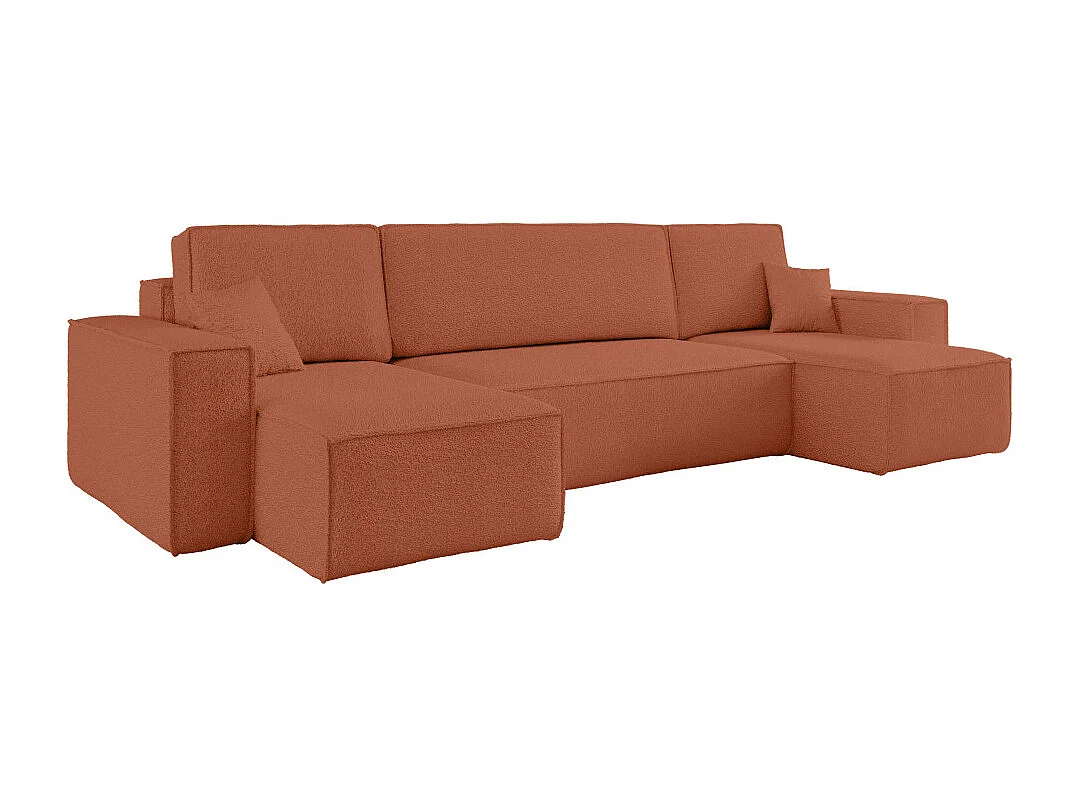 Canapé d'angle FARAH panoramique convertible 6 places en tissu bouclette - Terracotta