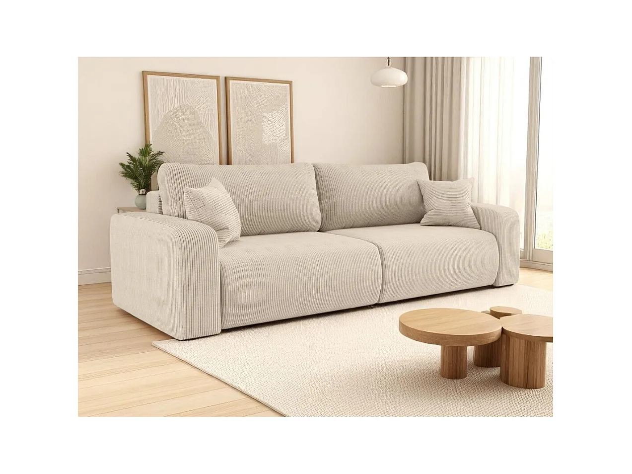 Canapé droit 3 places ALYA convertible en velours côtelé - Beige