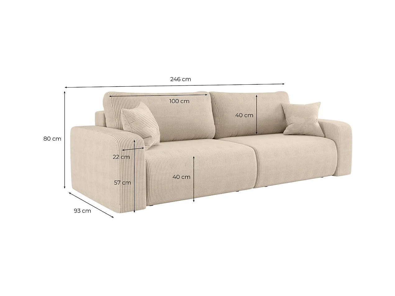 Canapé droit 3 places ALYA convertible en velours côtelé - Beige
