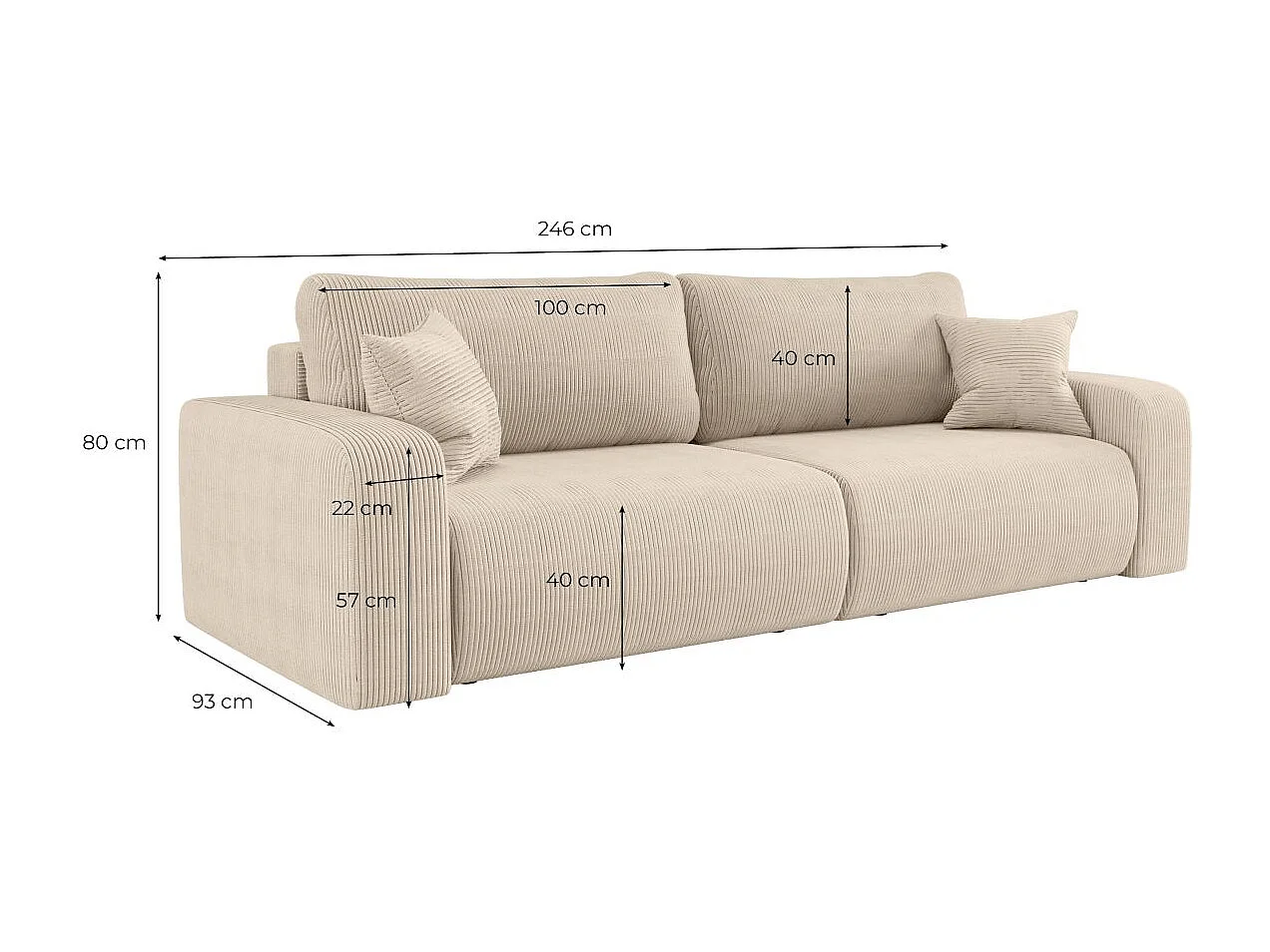Canapé droit 3 places ALYA convertible en velours côtelé - Beige