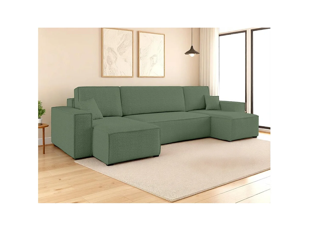 Canapé d'angle FARAH panoramique convertible 6 places en tissu bouclette - Vert foncé