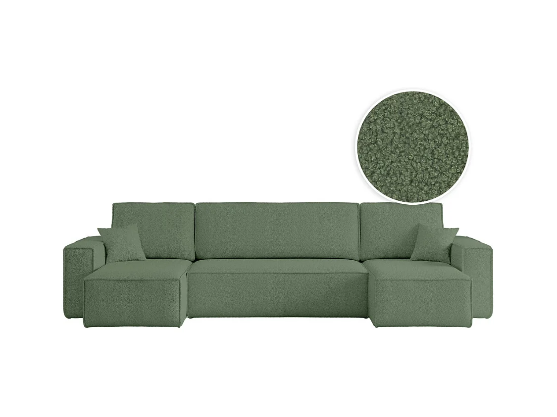 Canapé d'angle FARAH panoramique convertible 6 places en tissu bouclette - Vert foncé