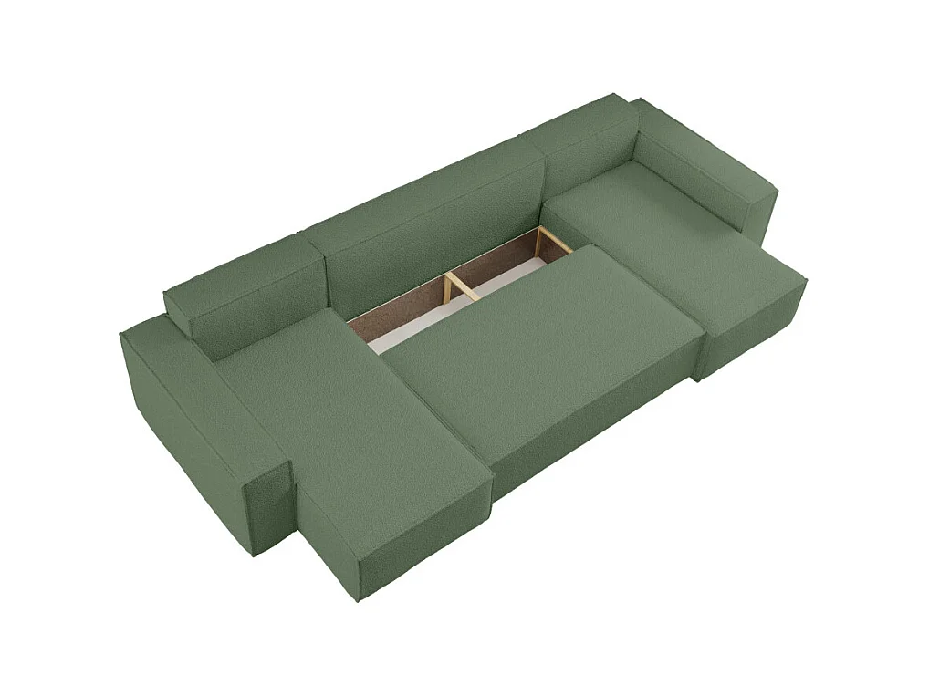 Canapé d'angle FARAH panoramique convertible 6 places en tissu bouclette - Vert foncé