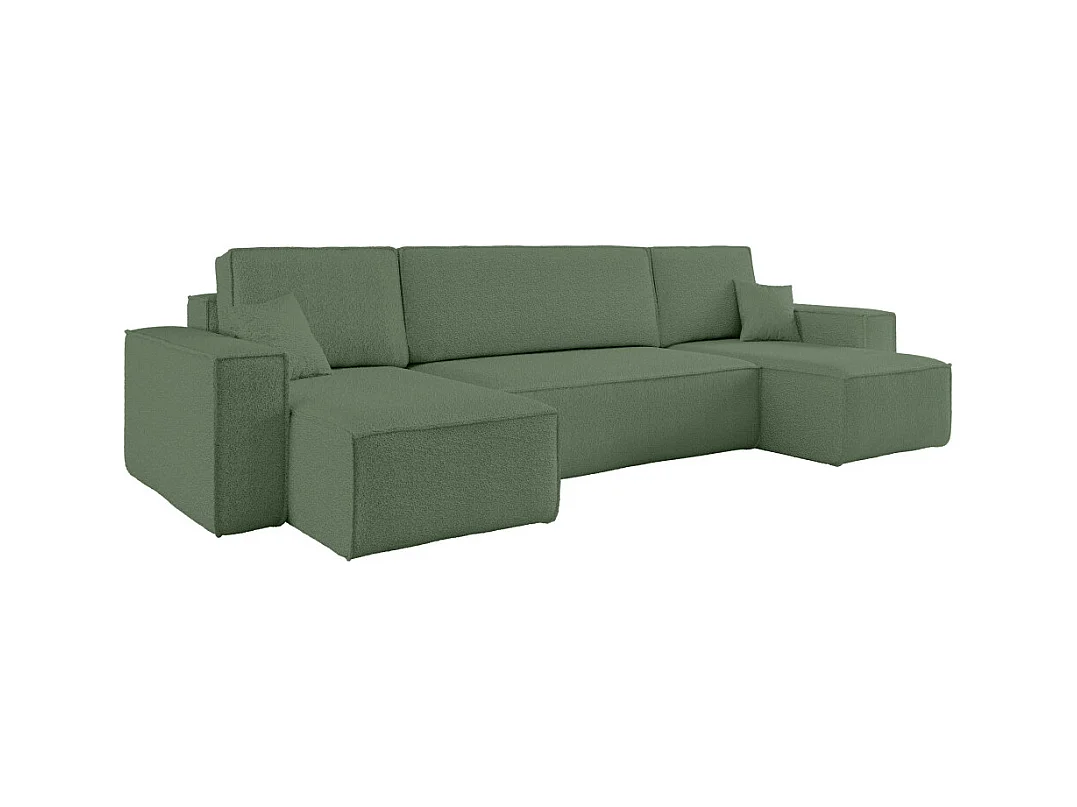 Canapé d'angle FARAH panoramique convertible 6 places en tissu bouclette - Vert foncé