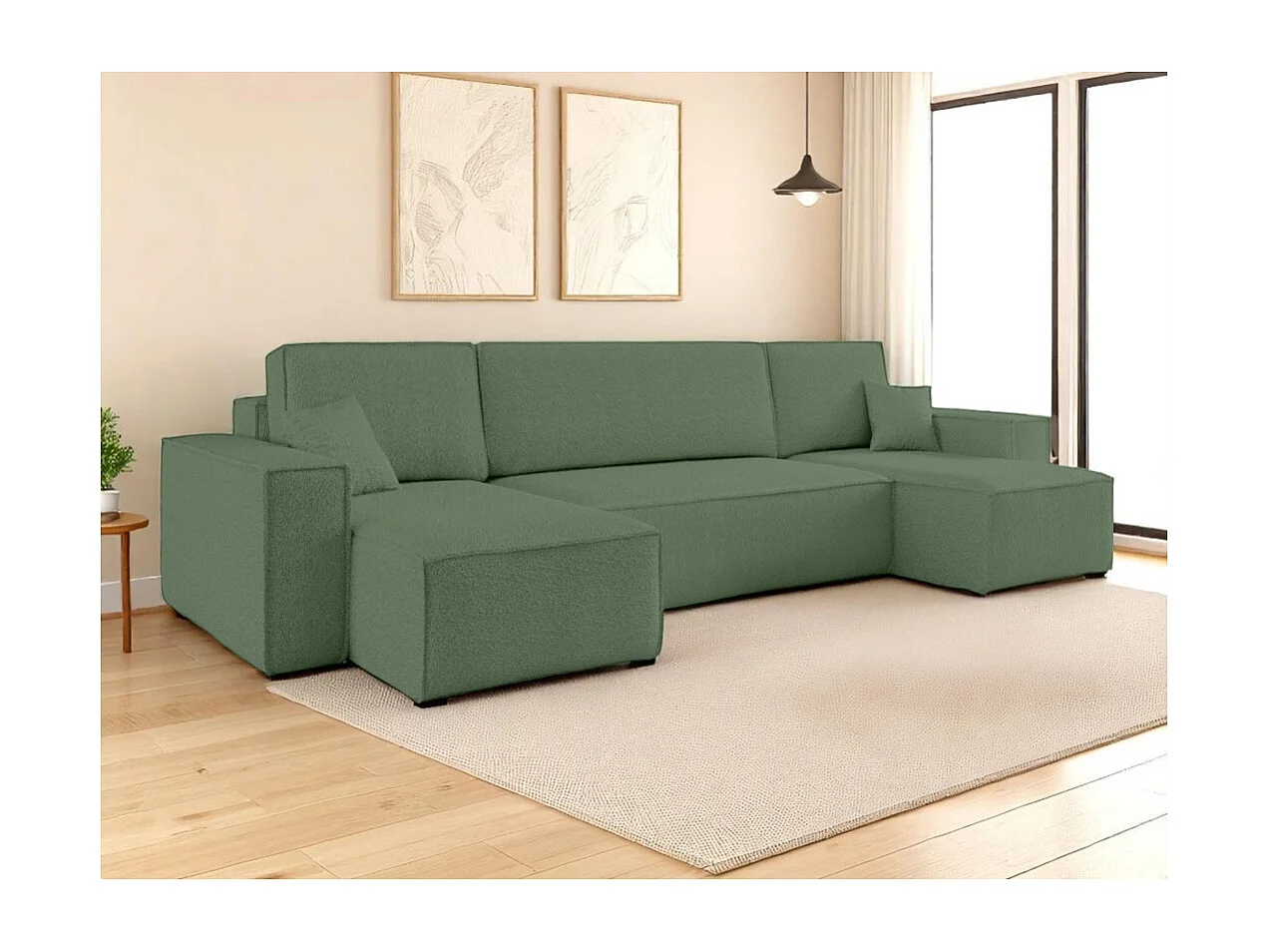 Canapé d'angle FARAH panoramique convertible 6 places en tissu bouclette - Vert foncé