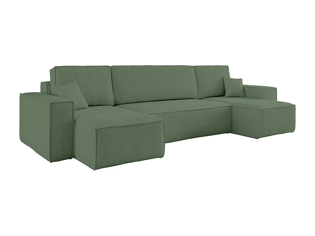 Canapé d'angle FARAH panoramique convertible 6 places en tissu bouclette - Vert foncé