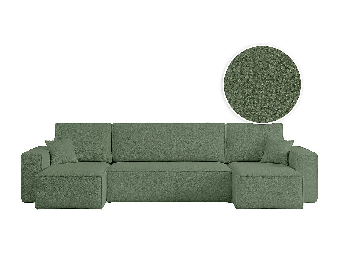 Canapé d'angle FARAH panoramique convertible 6 places en tissu bouclette - Vert foncé