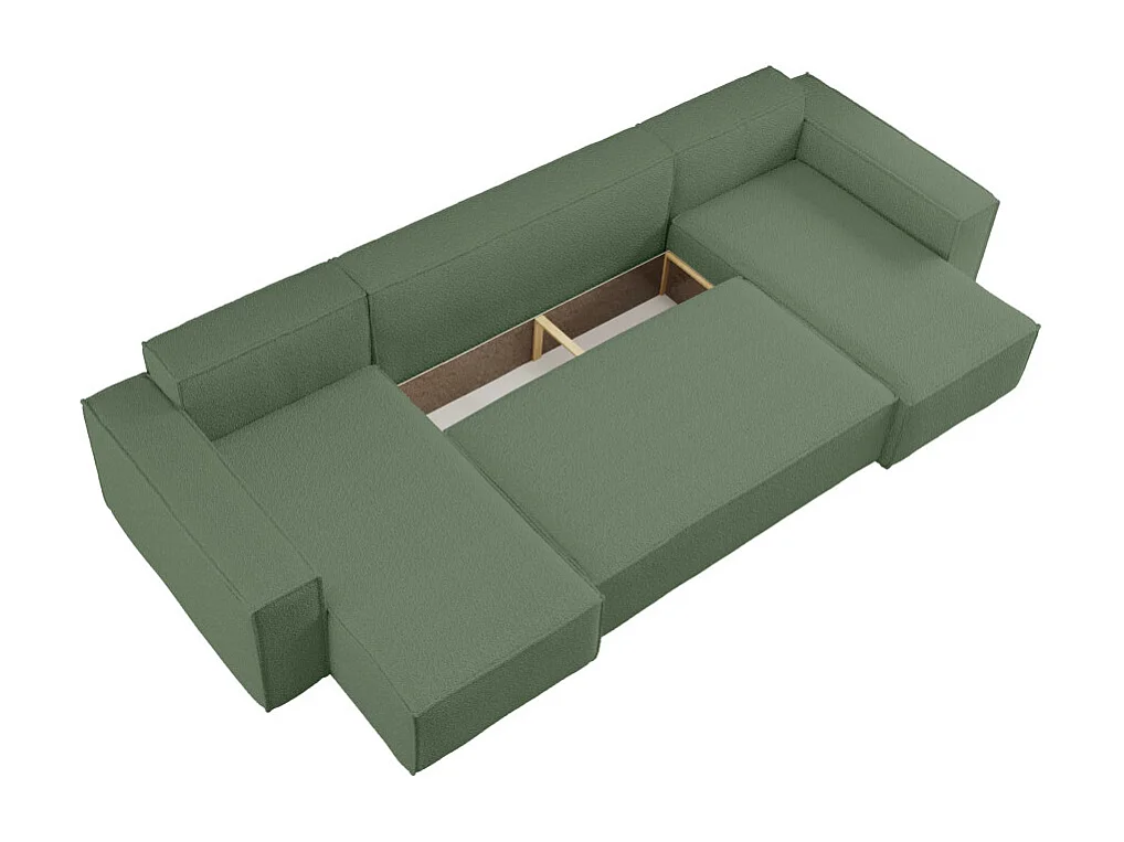 Canapé d'angle FARAH panoramique convertible 6 places en tissu bouclette - Vert foncé