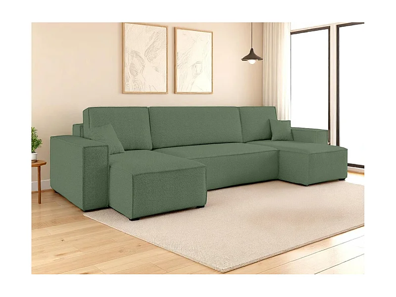 Canapé d'angle FARAH panoramique convertible 6 places en tissu bouclette - Vert foncé