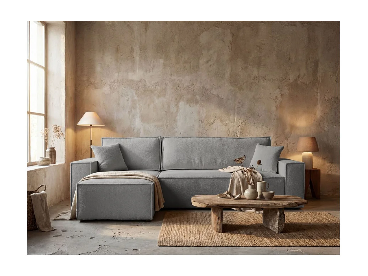 Canapé FARAH d'angle réversible et convertible 4 places en tissu bouclette - Gris