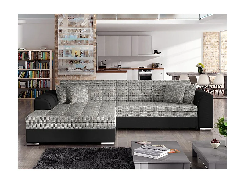 Canapé d'angle gauche 4 places NILA convertible en simili et tissu - Noir/Gris clair