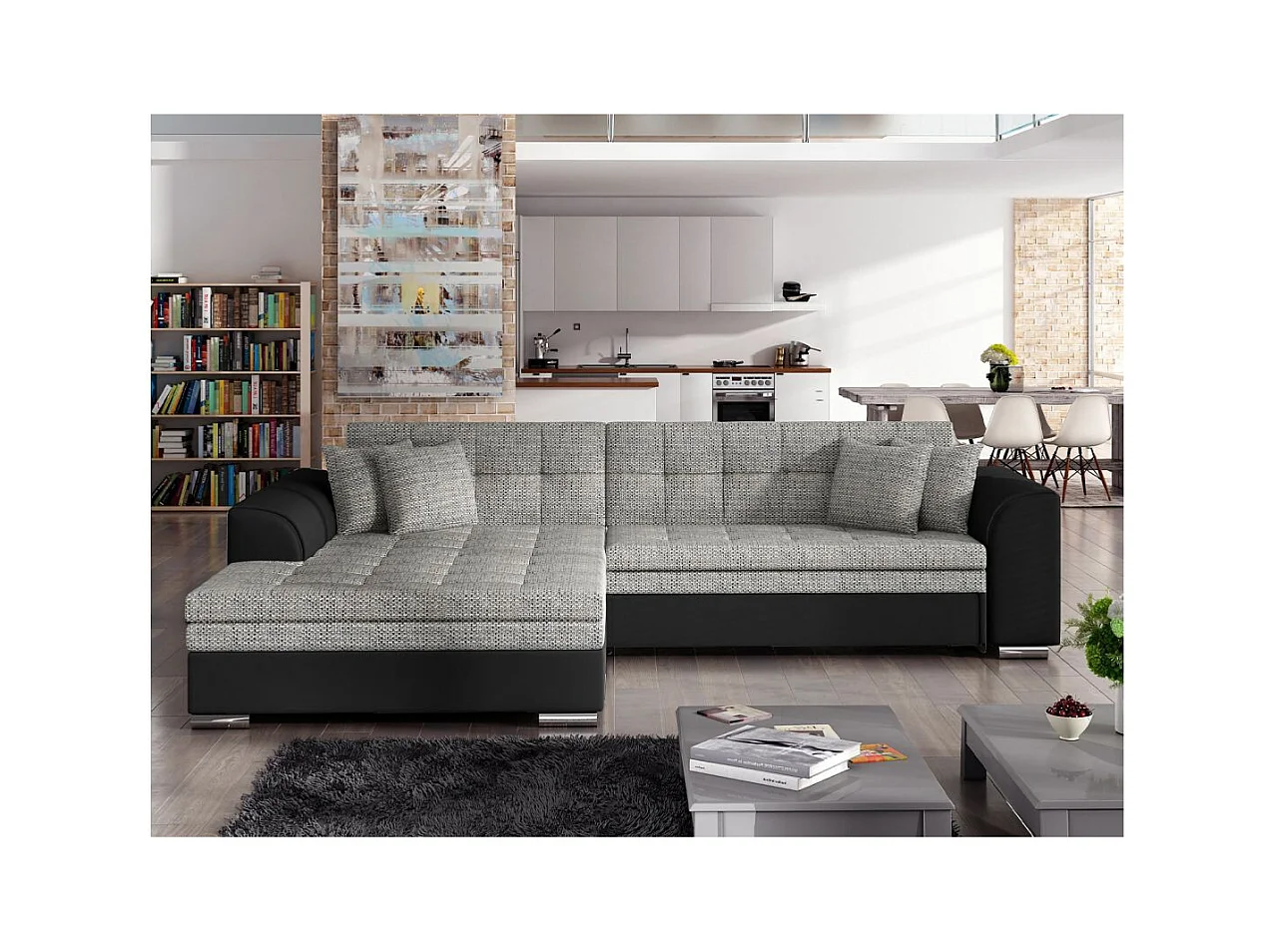 Canapé d'angle gauche 4 places NILA convertible en simili et tissu - Noir/Gris clair