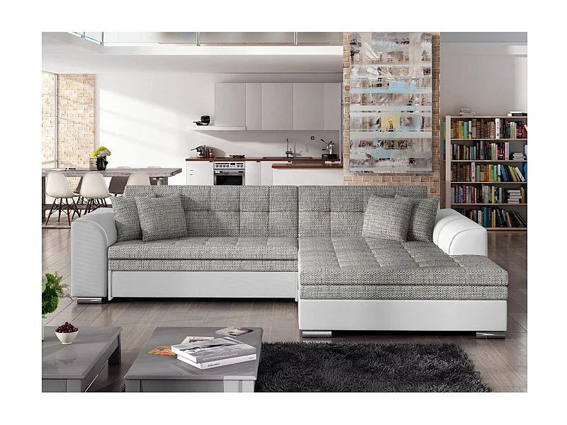 Canapé d'angle droit 4 places NILA convertible en simili et tissu - Blanc/Gris clair