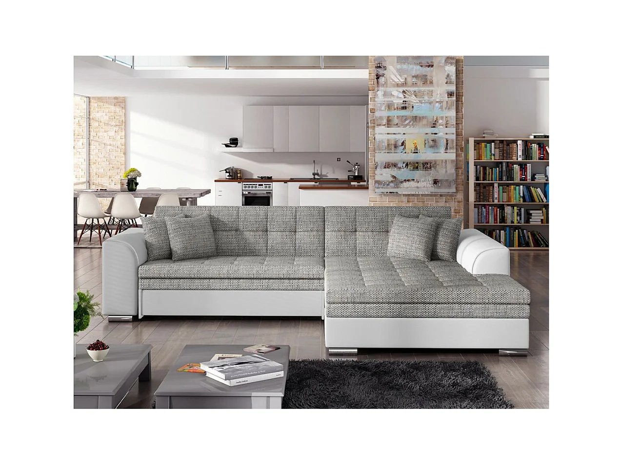 Canapé d'angle droit 4 places NILA convertible en simili et tissu - Blanc/Gris clair