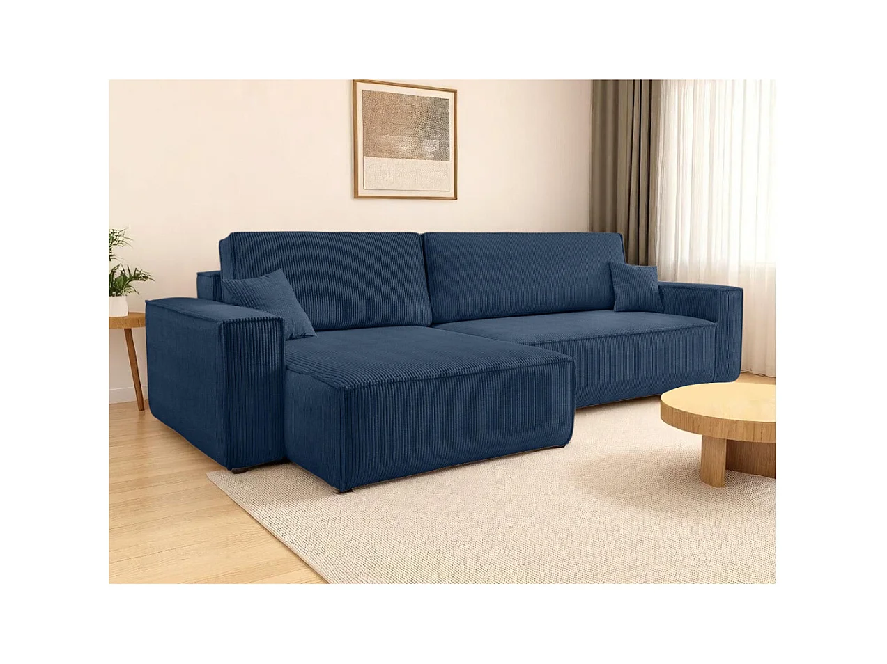 Canapé FARAH d'angle max réversible et convertible 5 places en velours côtelé - Bleu foncé