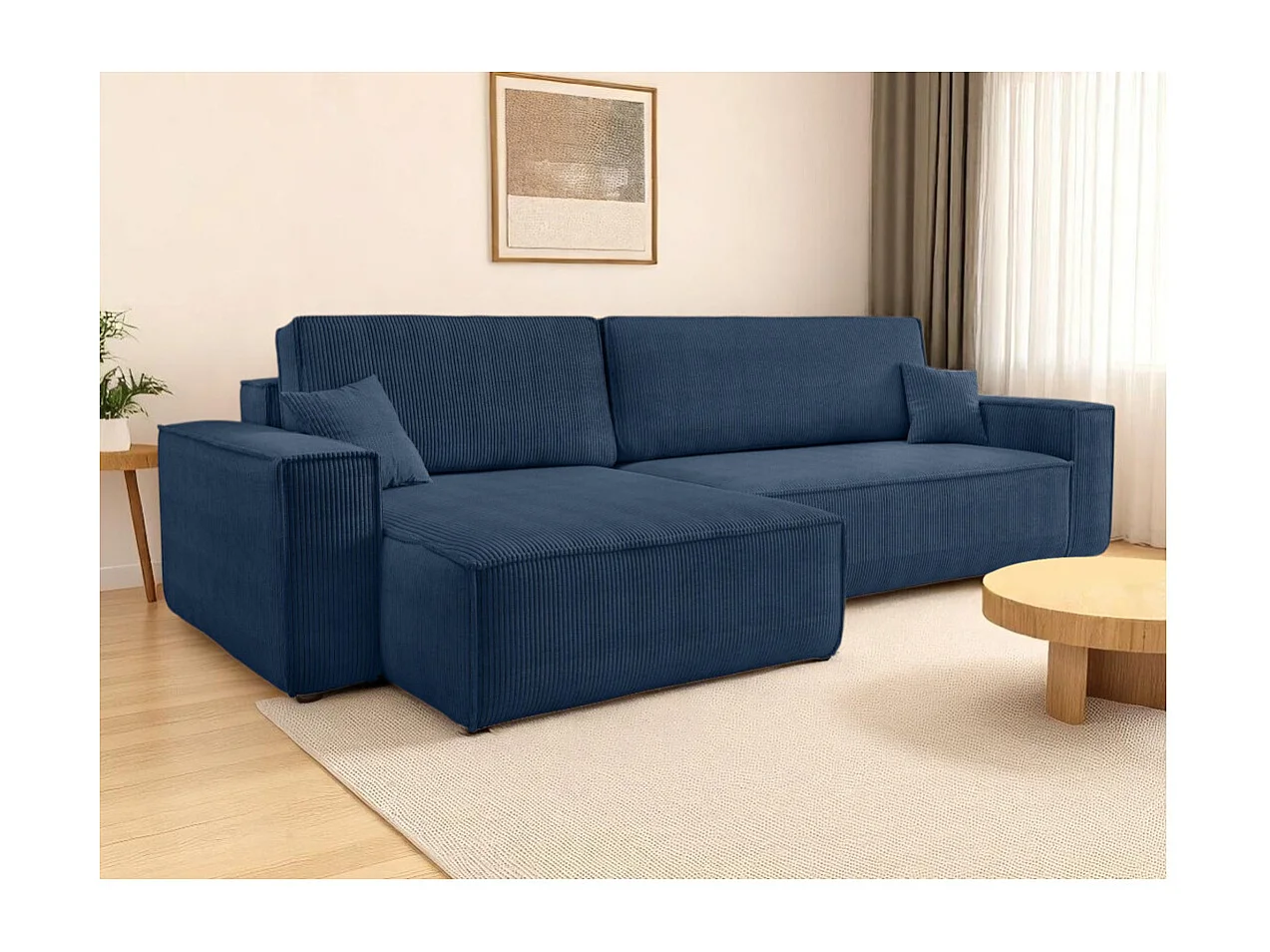 Canapé FARAH d'angle max réversible et convertible 5 places en velours côtelé - Bleu foncé