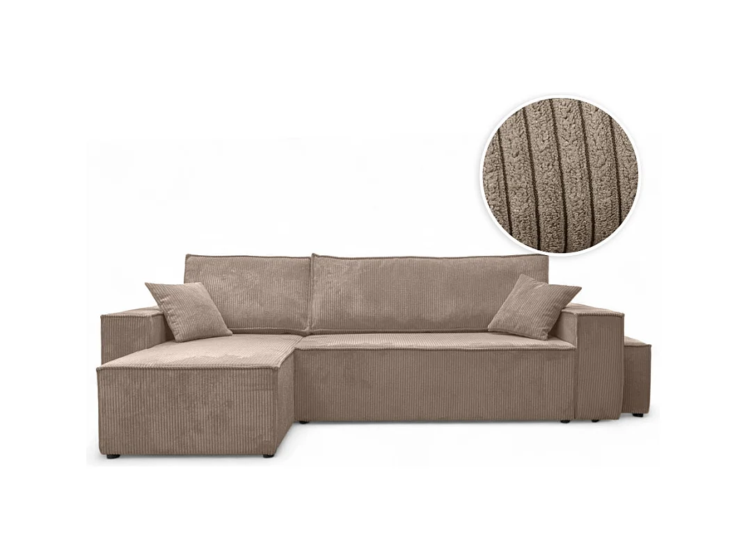 Canapé FARAH d'angle réversible et convertible 4 places avec un pouf en velours côtelé - Taupe