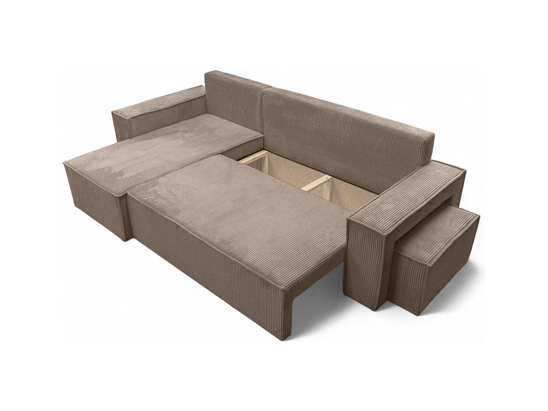 Canapé FARAH d'angle réversible et convertible 4 places avec un pouf en velours côtelé - Taupe