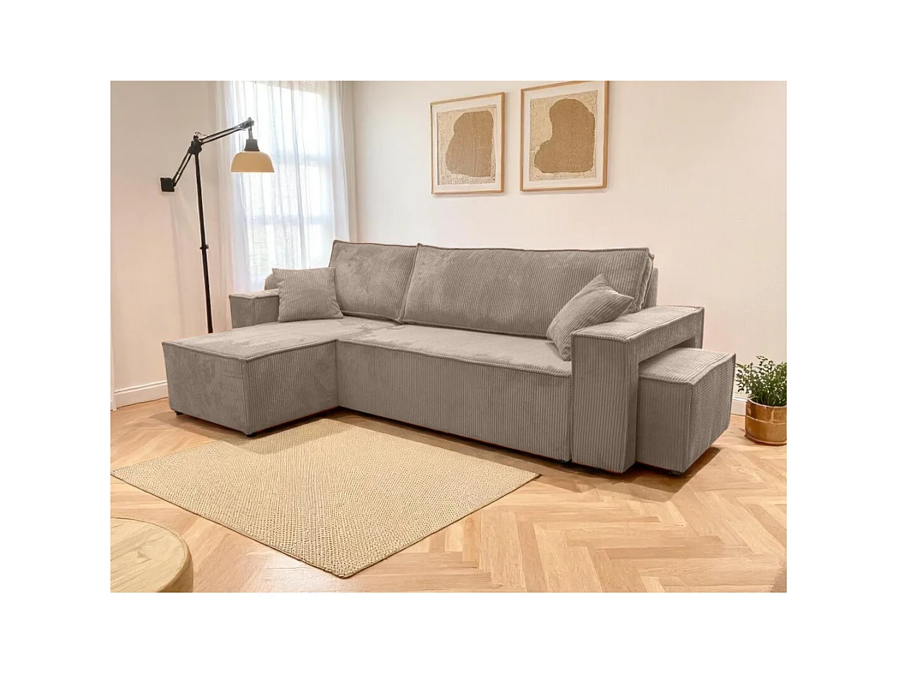 Canapé FARAH d'angle réversible et convertible 4 places avec un pouf en velours côtelé - Taupe