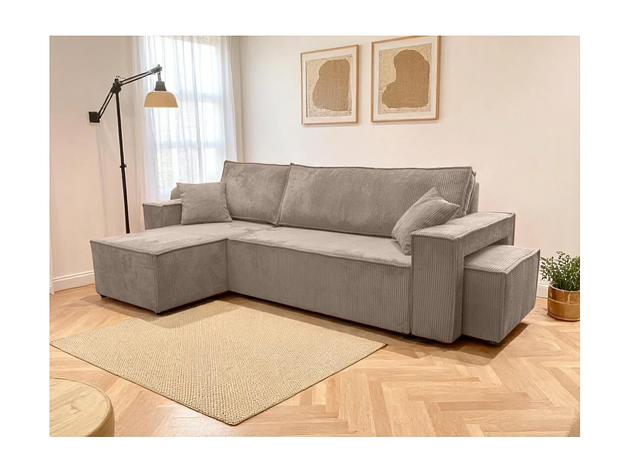 Canapé FARAH d'angle réversible et convertible 4 places avec un pouf en velours côtelé - Taupe