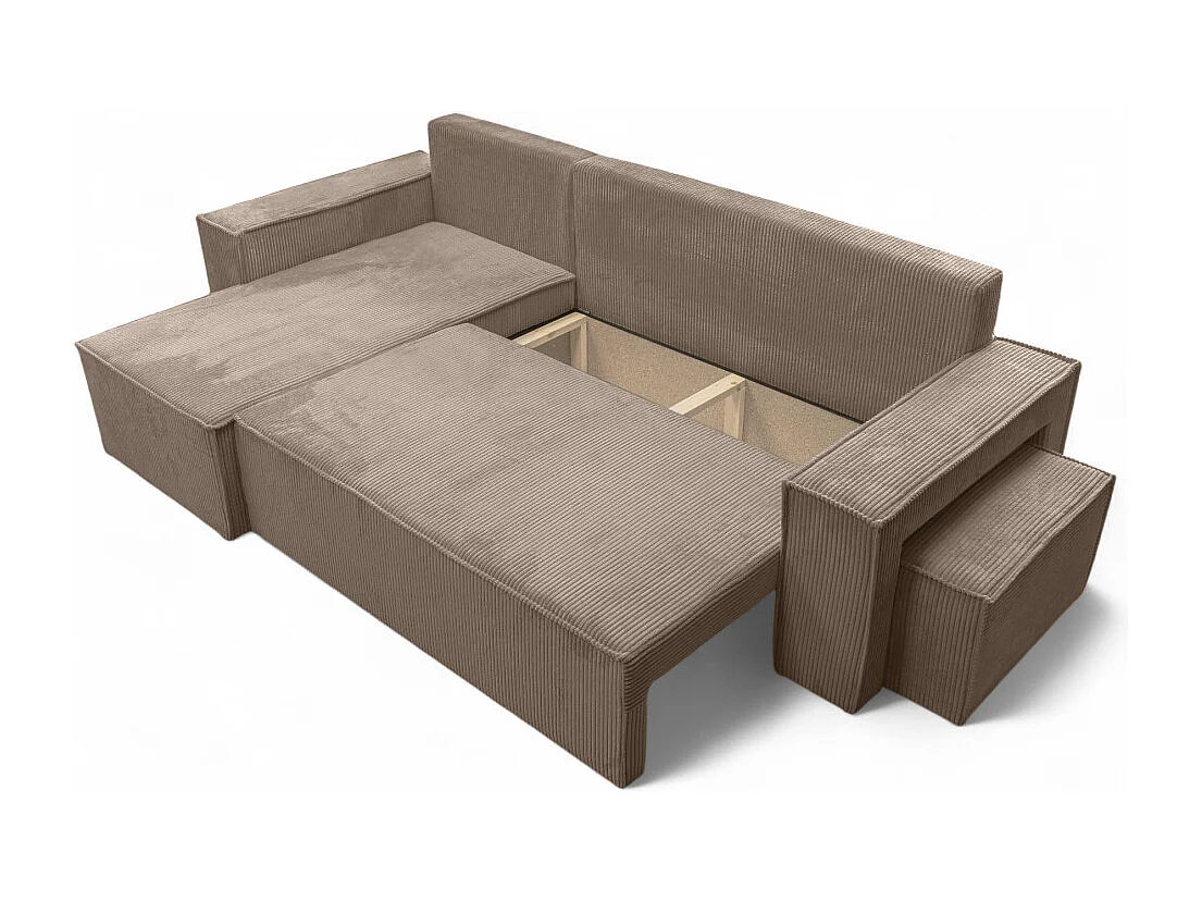 Canapé FARAH d'angle réversible et convertible 4 places avec un pouf en velours côtelé - Taupe