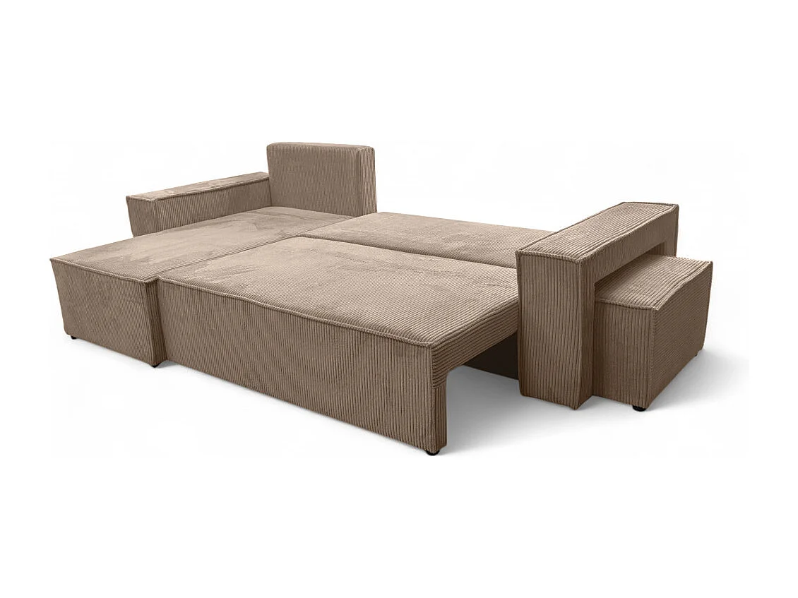 Canapé FARAH d'angle réversible et convertible 4 places avec un pouf en velours côtelé - Taupe