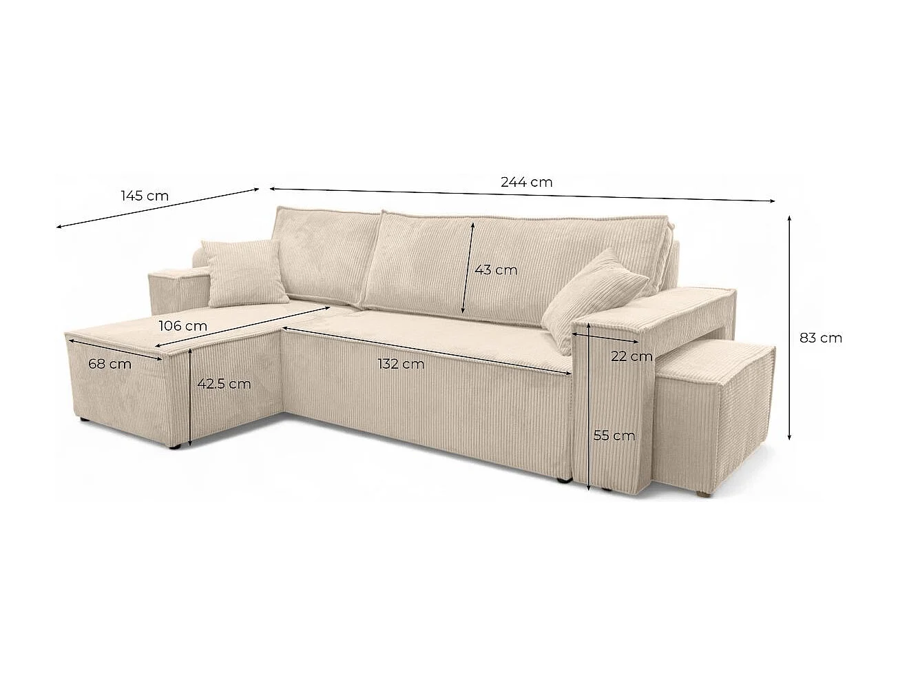Canapé FARAH d'angle réversible et convertible 4 places avec un pouf en velours côtelé - Taupe
